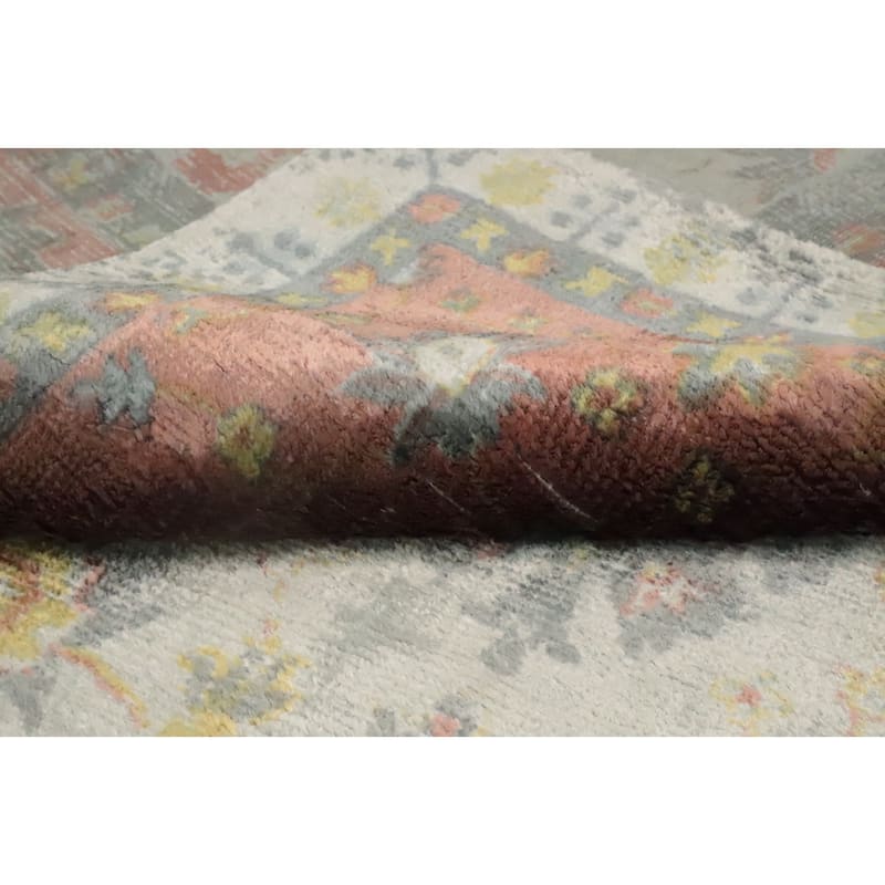 Hand Knotted Oriental Viscose Silk Carpet Transitional Floral Greys & Charcoal Oushak Area Rug - 8' 0'' X 4' 11''