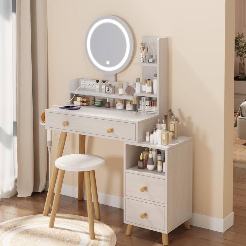 Round Mirror Bedside Cabinet Vanity Table + Cushioned Stool, With 2 AC Power + 2 USB socket, 17" diameter LED Mirror