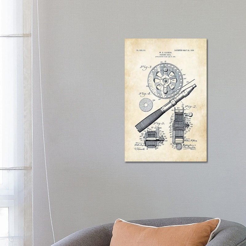 iCanvas "Fly Fishing Reel (1906)" by Patent77 Canvas Print - 26x18x1.5