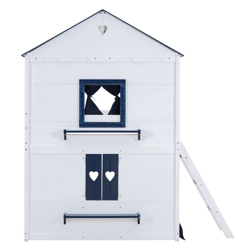 Full Size Wooden Bunk Bed with Elegant Windows and Tent Design, Blue and White