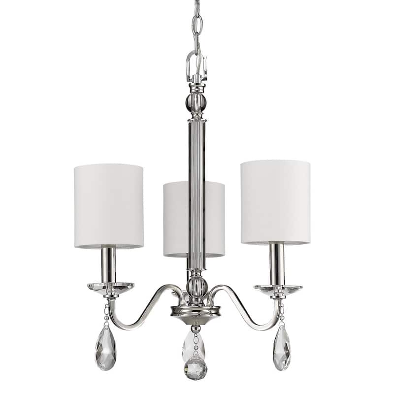 HomeRoots Silver Candle Style Three Light Metal and Crystals Dimmable Chandelier With White Shades - 16' X '22.25' X '16