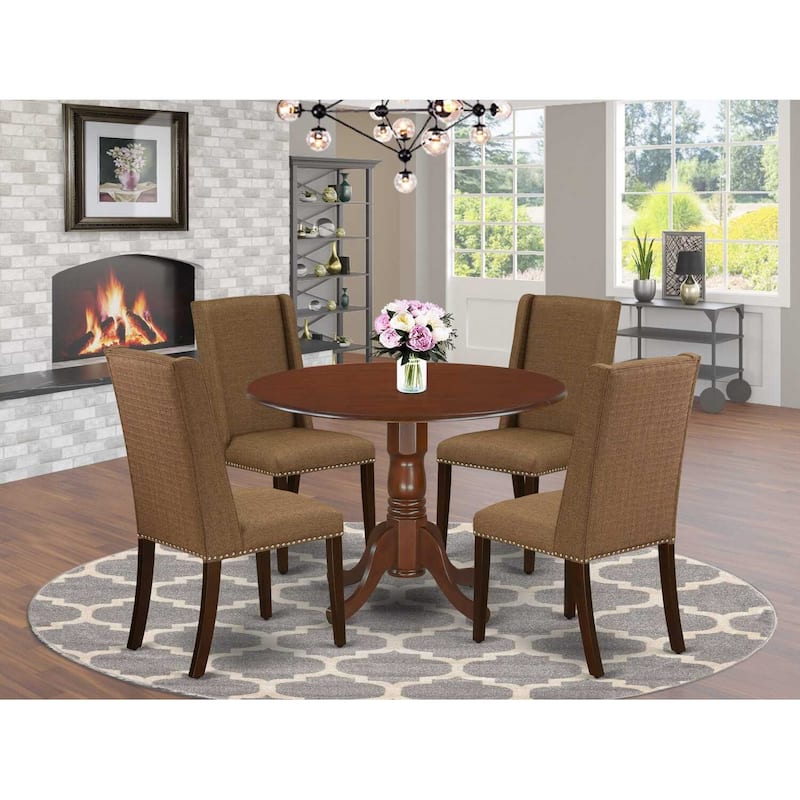 HomeStock 5-Piece Round Mahogany Finish Solid Wood Top Dining table with 4-Chairs with Lattice Back