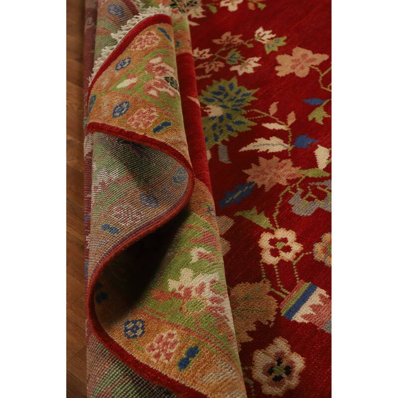 Red Pictorial Floral Heriz Serapi Indian Rug Hand-Knotted Wool Carpet - 7'11" x 10'0"
