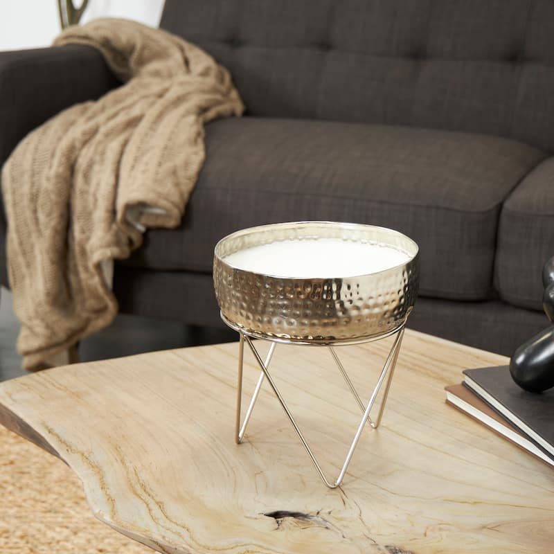 Silver Metal Campfire Scented Tall Hammered Wick Candle with White Wax