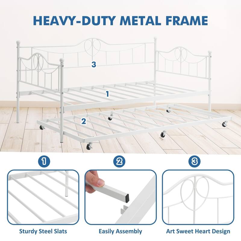 Daybed with Trundle Metal Guest Bed Frame Strong