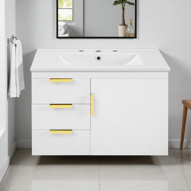 30-Inch Wall Mounted Bathroom Vanity with Sink, Modern Floating Cabinet with Soft-Close Door and Drawers - White