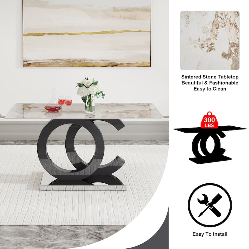 Roomfitters Rectangular Dining Table for 6-8 with Patterned MDF Top and OC Metal Frame for Home or Office, White+Black