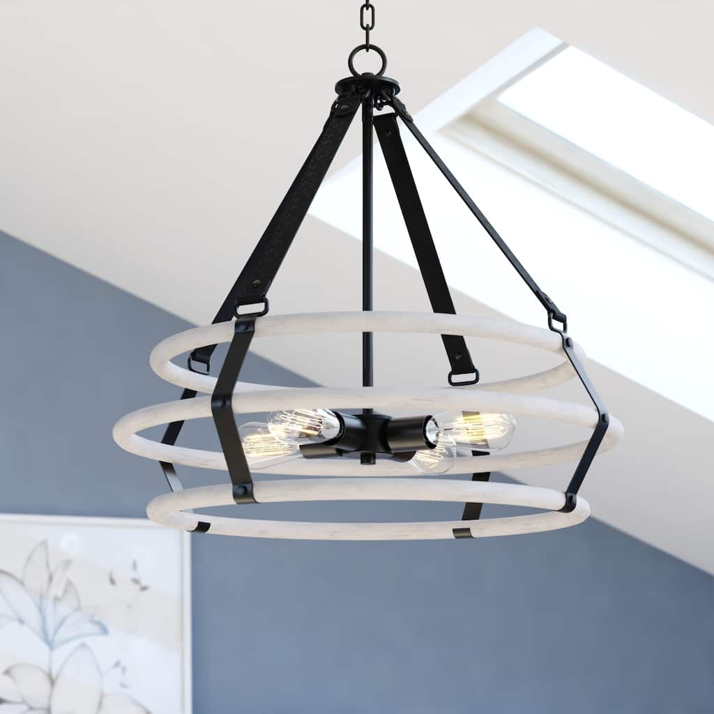 Taylor 4L Black and Ash Gray Drum Cage Industrial Pendant Light with Fabric Straps - 24-in W x 23-in H x 24-in D