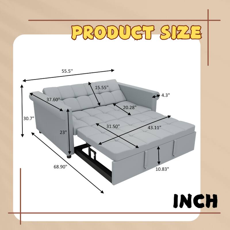 Minimalist Sofa Bed with 7-Position Adjustable Backrest, Convertible Sofa Loveseat with Sturdy Wooden Frame