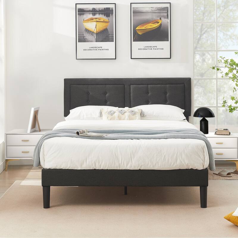 Strong Frame and Wooden Slats Support Bedframe，Platform Bed Frame with Linen Upholstered Headboard,Grey Bed Frames - Grey - Queen