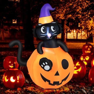Gymax 5FT Inflatable Halloween Decor Pumpkin with Witch's Black Cat w/