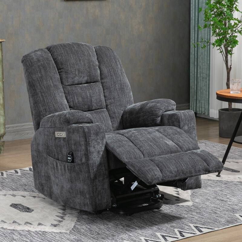 Overstuffed Large Power Lift Recliner with Massage and Heating for Elderly,2 Cup Holders and USB Ports