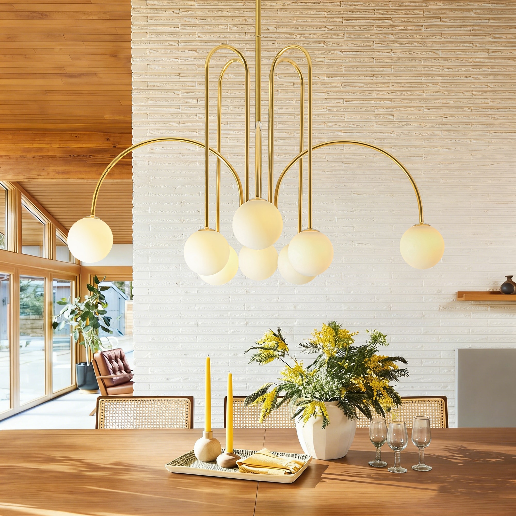 Rennnsan 8-Light Gold Linear Modern Sputnik Chandelier with Milky White Frosted Glass Shades - 39.37 in. W x 24.41 in. H