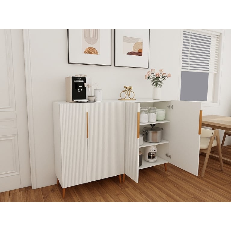 Modern White Sideboard Cabinet with Gold Handles for Kitchen, Dining Room Furniture Organizer