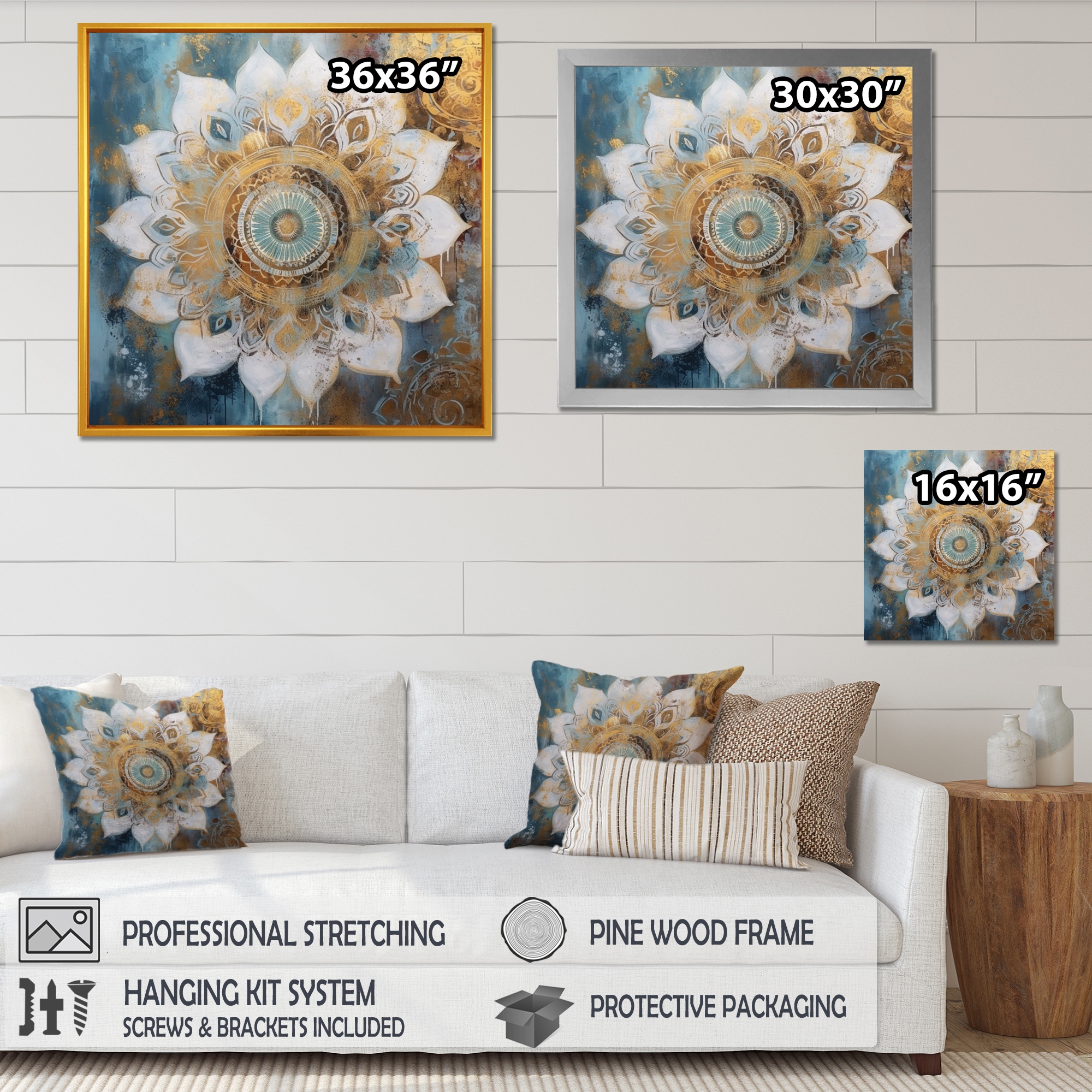 Designart White And Gold Mandala Ii Boho Mandala Framed Wall Art Prints 36 in. wide x 36 in. high