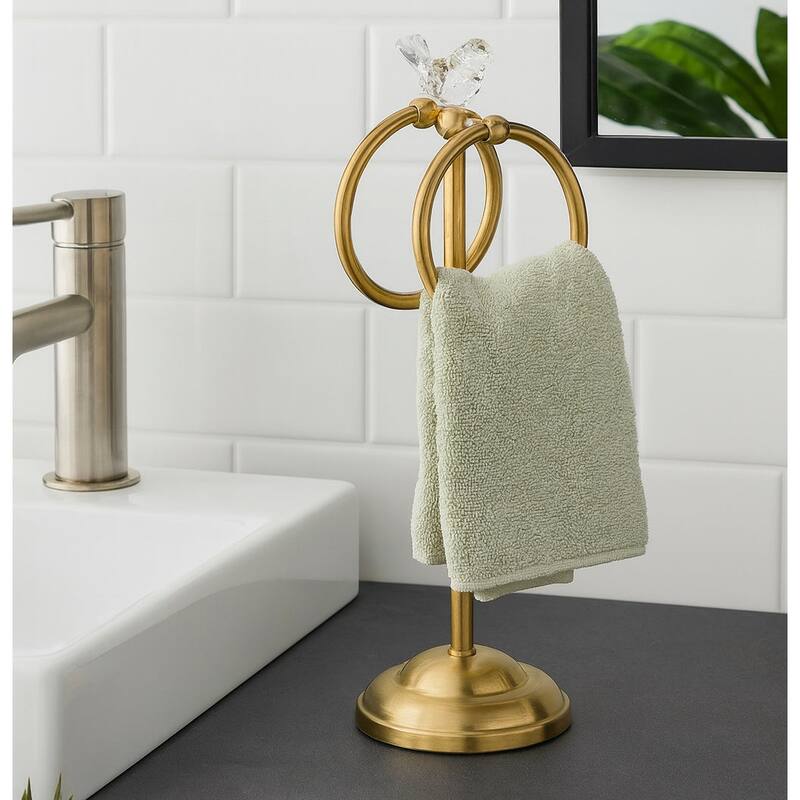Aged Brass Gold Stainless Steel Dove Double Ring Fingertip Towel Holder With Heavy Base - Gold