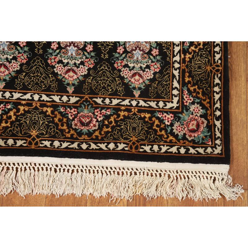 Hand Knotted Oriental 100% Wool Carpet Traditional Floral Black Isfahan Area Rug - 4' 4'' X 2' 9''