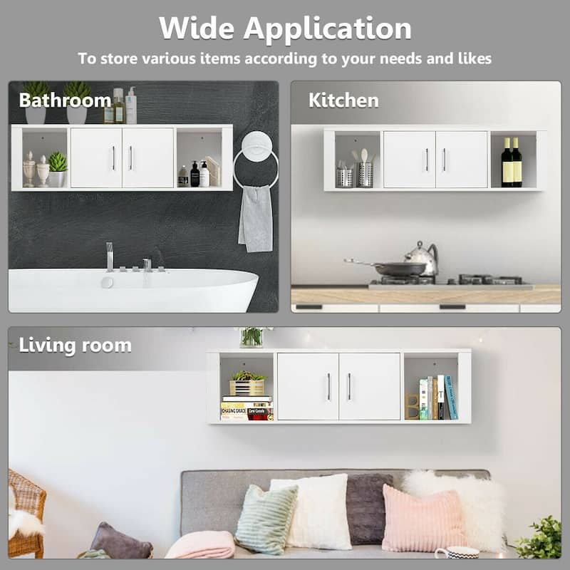 Wall Mounted Floating 2 Door Desk Hutch Storage Shelves-White - 42.5" x 13" x 12" ( L x W x H )