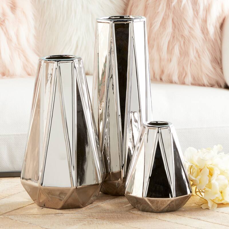 Gold, Silver or Gray Ceramic Geometric Vase (Set of 3) - S/3 7", 11", 15"H