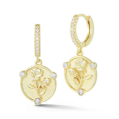 Soleil Sterling Silver Cubic Zirconia Rose Charm Huggie Hoop Earrings