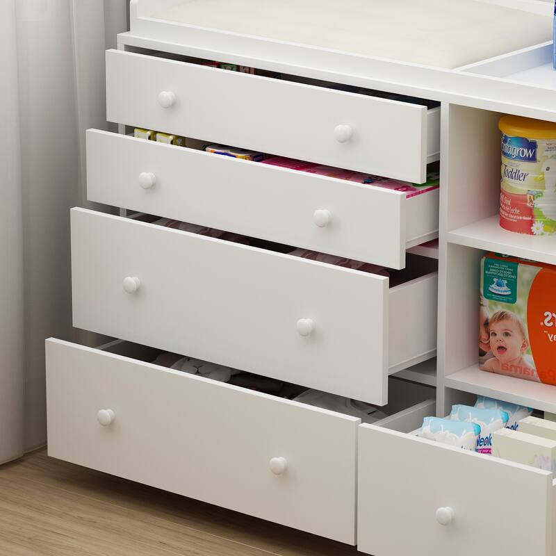 Timechee 47" Heavy Changing Table Drawers Dresser Chest White Cabinet