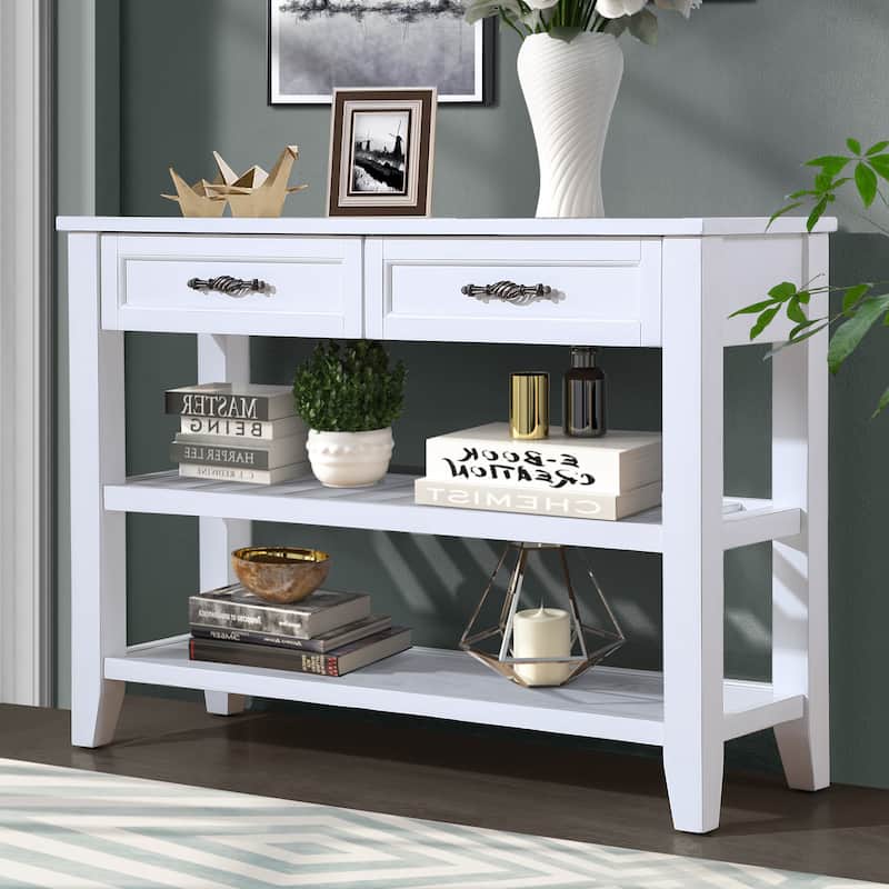 Mid-Century Modern Style Console Sofa Table with 2 Storage Drawers and 2 Tiers Shelves, 42''L Wood Sideboard