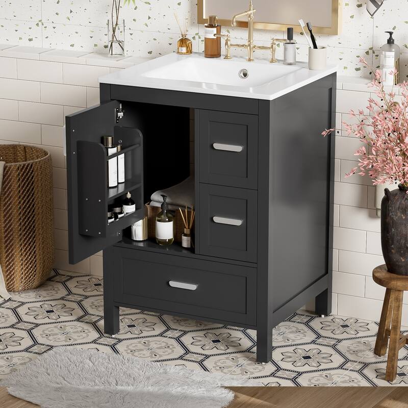 Modern 24" Bathroom Vanity with Ceramic Sink - Soft-Close Door with Double Shelf, 3 Drawers,for Small Spaces