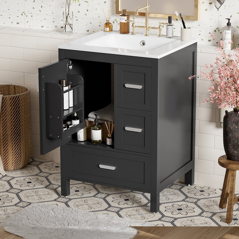 Solid Wood Frame Bathroom Vanity Cabinet with Ceramic Sink, Space-Saving 24-Inch Vanity