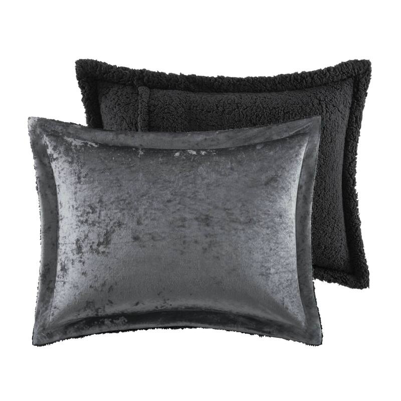 3 PCS Full/Queen Crushed Velvet Sherpa Reversible Comforter Set Charcoal