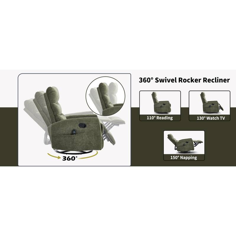 Roomfitters Manual Swivel Rocker Recliner Chair with Heat and Massage Fabric Glider Lounge Sofa for Living Room