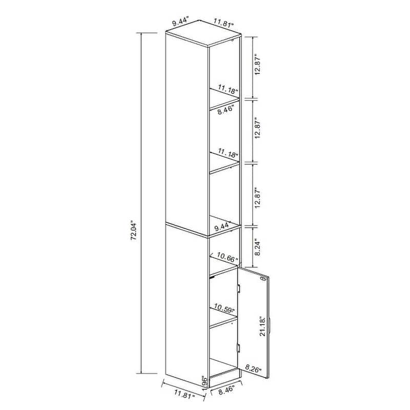 72"Tall Slim Storage Cabinet, 6-Tier Narrow Freestanding Cabinet with 1 Door and 2 Adjustable Shelves, Bookcase Display Shelves