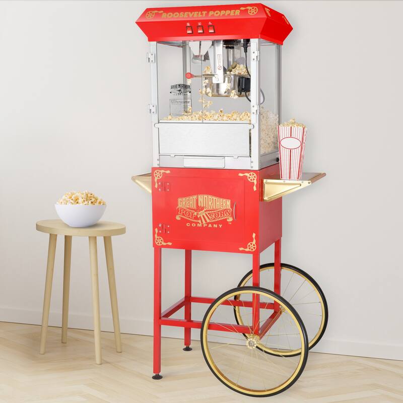 Popcorn Machine with Cart – 8oz Popper with Stainless-steel Kettle by Great Northern Popcorn (Red)