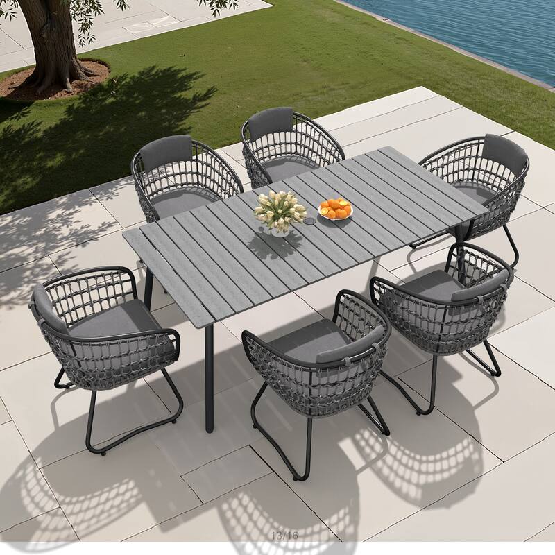 7-Piece Set Outdoor Patio Aluminum Dining Table and PE Rattan Wicker Dining Chairs