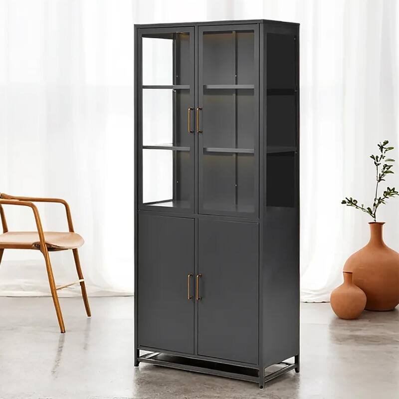 76.75"Tall Display Cabinet,with Glass Doors and LED Lights,Steel Curio Cabinet with 3-Sided Glass,Pantry Cabinet with Storage
