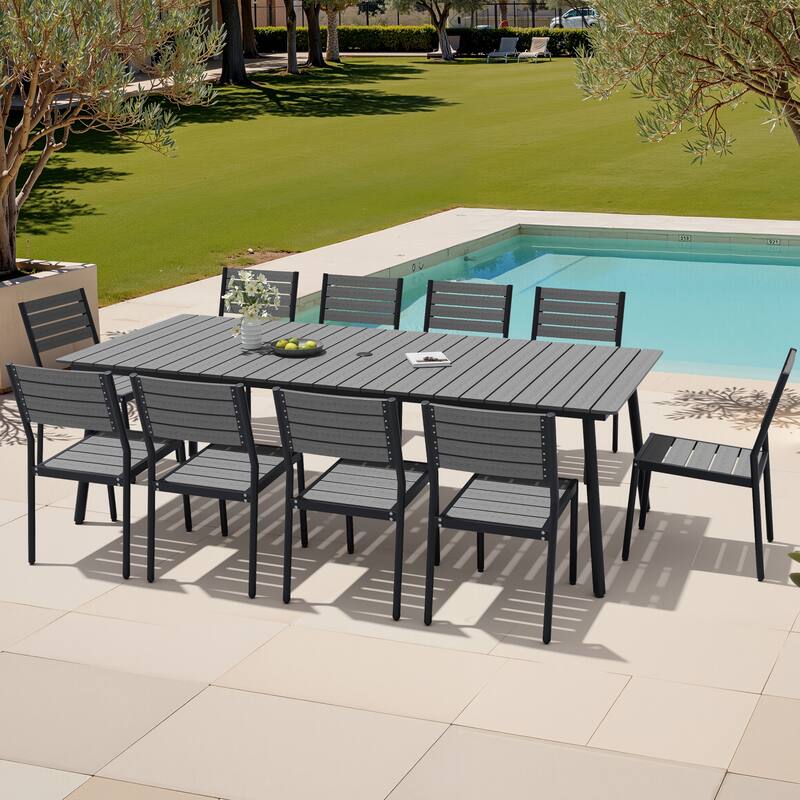 11-piece Outdoor Patio Aluminum Rectangle Dining Set with Umbrella Hole