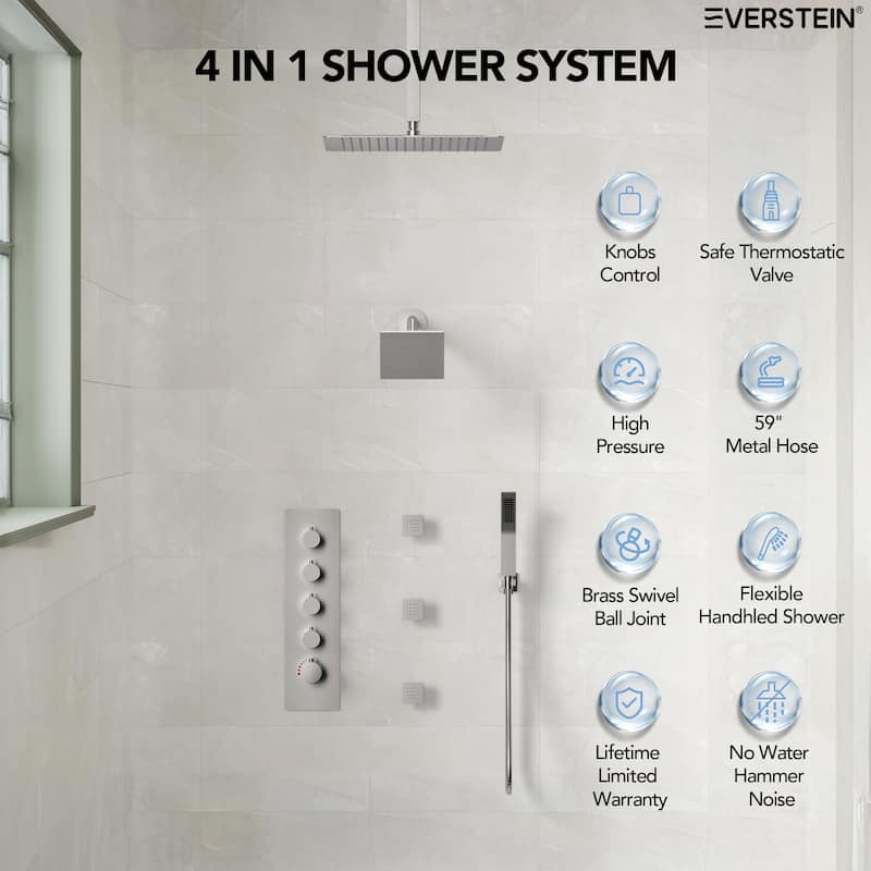 Dual Heads 16" Rainfall & High Pressure 6" Shower Head 3 Way Thermostatic Faucet System w/ 3 Body Jets