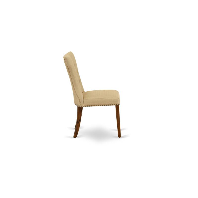 East West Furniture 3 Piece Dinette Set- a Round Dining Table with Dropleaf and 2 Linen Fabric Dining Chairs, (Finish Options)