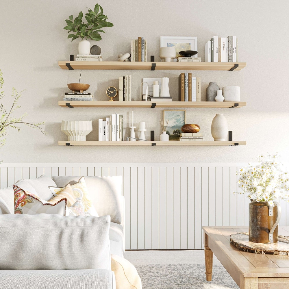 Wallniture Forte Wood Board 72" Long, 9.25'' Deep, 1.5" Thick, Floating Bookshelf for Wall, Hanging Shelf Living Room Decor, 1Pc