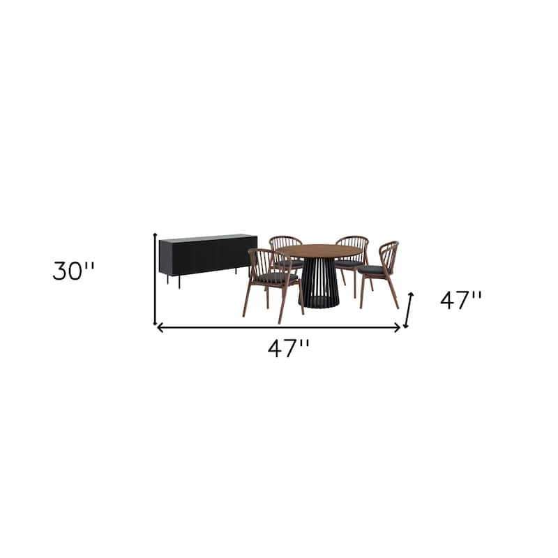 HomeRoots Six Piece Brown and Black Round Dining Set with Four Chairs and Sideboard