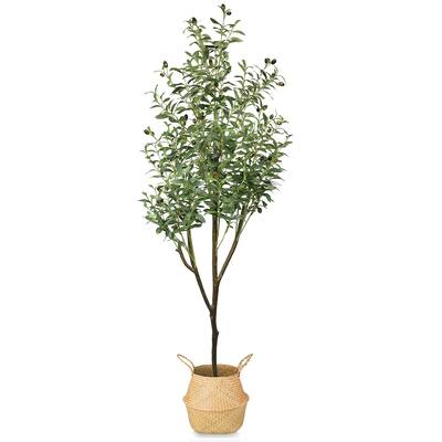 HOMLUX 6ft Artificial Olive Tree with Woven Seagrass Plant Basket