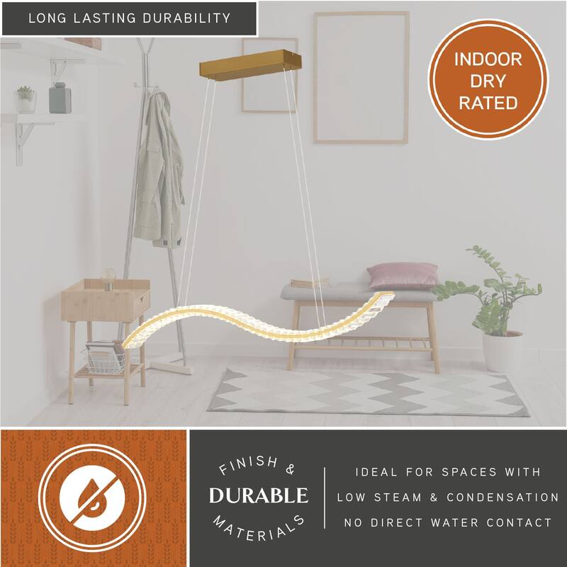 Edgewater 1L LED Gold Brass Contemporary Crystal Linear Chandelier Island Pendant Light Fixture - 37.5-in W x 5-in H x 4.25-in D