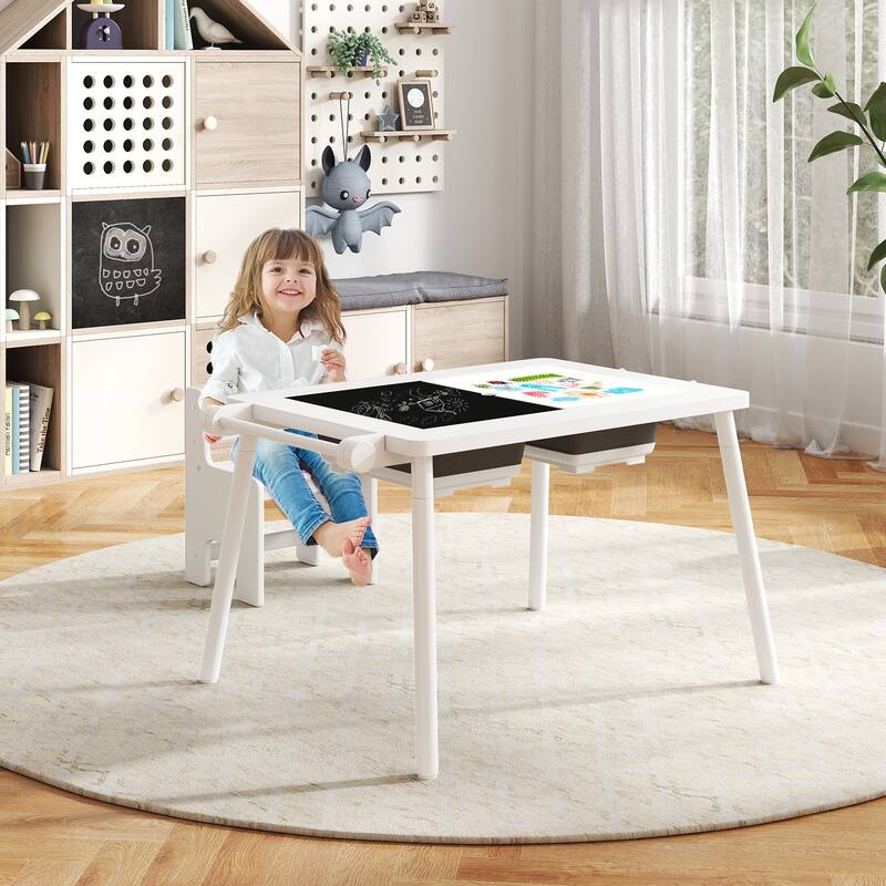 Kids Activity Table and Chair Set with Storage Paper Roll and Chalkboard Blocks Board for Age 2-8 Years - 35.5" x 21.5" x 17"