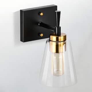 Black and Antique Brass 1-Light Indoor Wall Sconce with Clear Cone Glass Shade