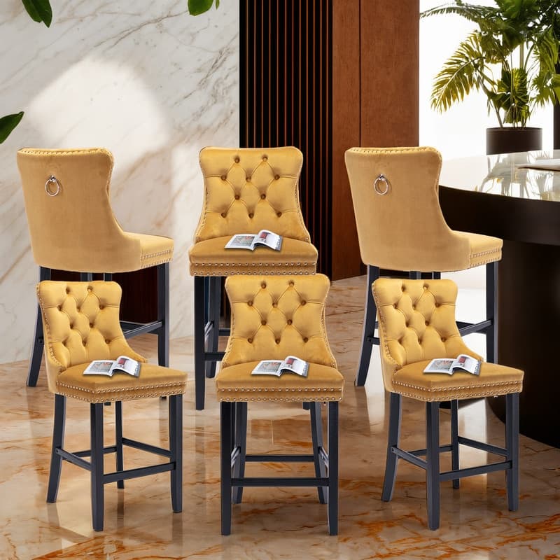 Contemporary Upholstered Velvet Barstools with Button Tufted Set of 6 - Set of 6 - Yellow