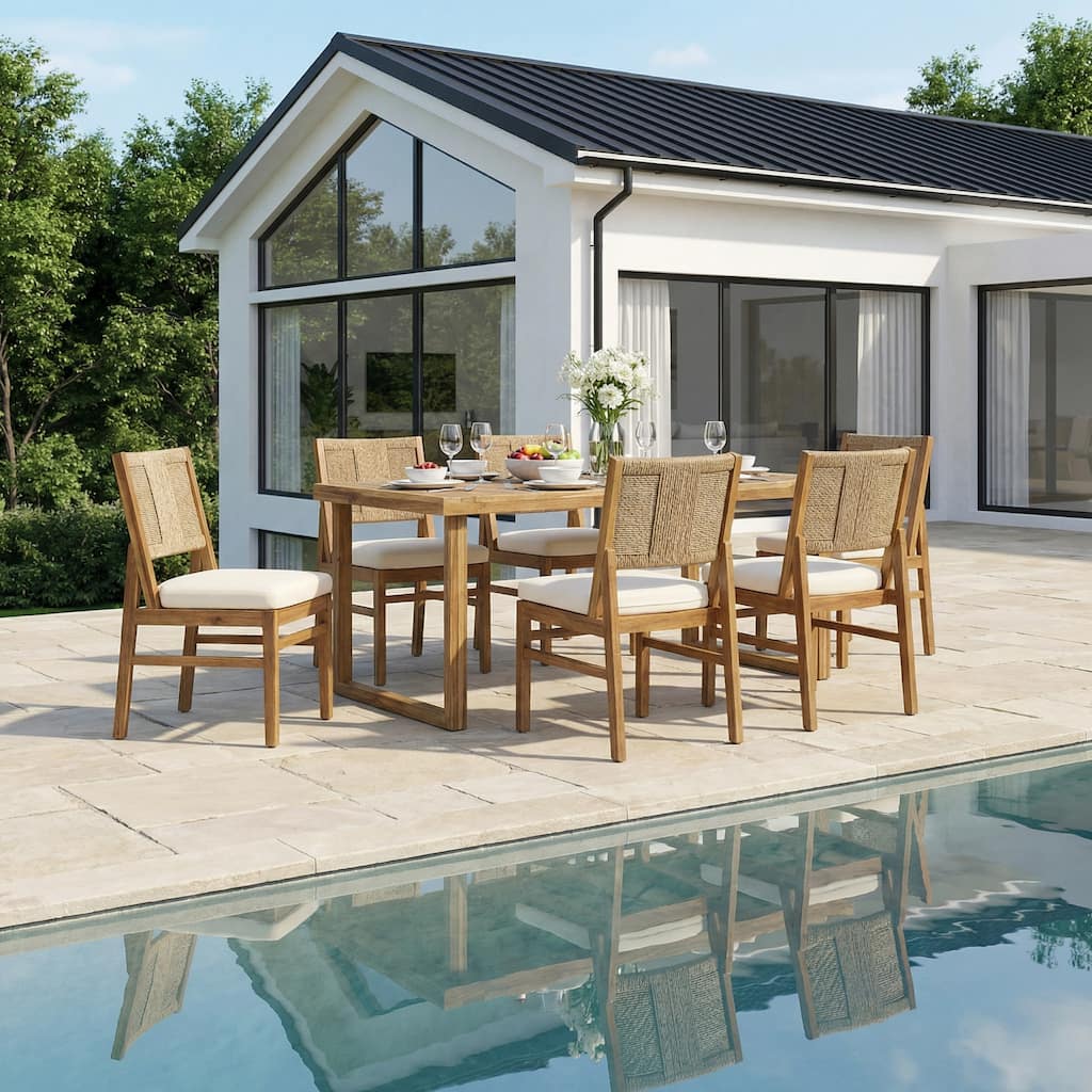 Christopher Knight Home - 7-Piece Outdoor Acacia Wood Dining Set with Handwoven Cushioned Chairs & Rectangular Slatted Table