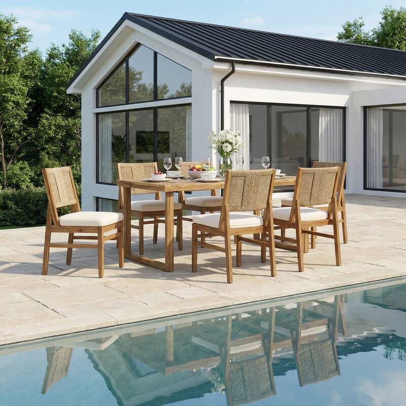Christopher Knight Home - 7-Piece Outdoor Acacia Wood Dining Set with Handwoven Cushioned Chairs & Rectangular Slatted Table - Cream+Sandblast+Teak Finish
