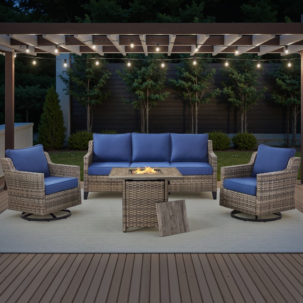 Pocassy 4-Piece Outdoor Sofa Siwvel Chair w/ Fire Pit Table