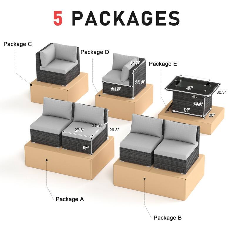 FINCATI Outdoor 7-piece High-back Wicker Patio Sectional Set with 43'' Fire Pit Table, 500 lbs Luxury Oversized Conversation Set