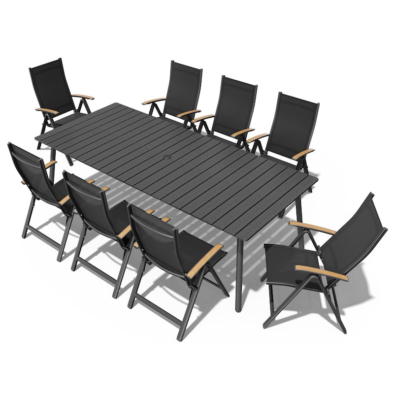 7/9-Piece Outdoor Rectangle Aluminum Dining Table with Umbrella Hole include Folding Chairs