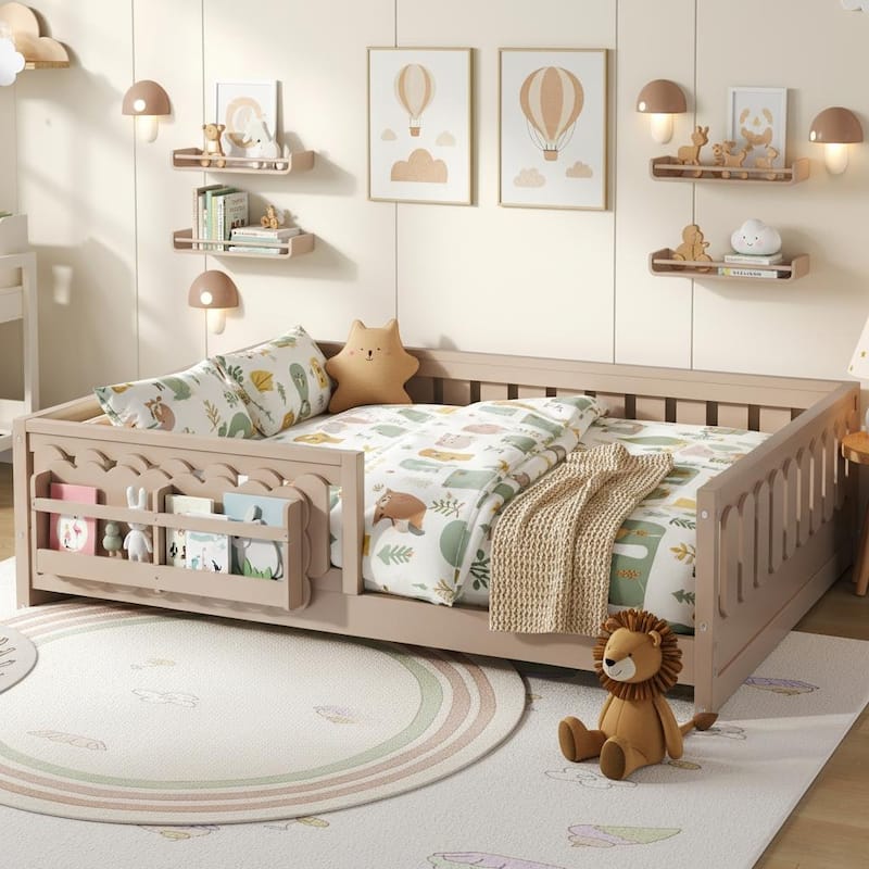 Wood Platform Bed with Guardrails and Built-In Bookshelves by Harper&Bright Designs - Natural - Full